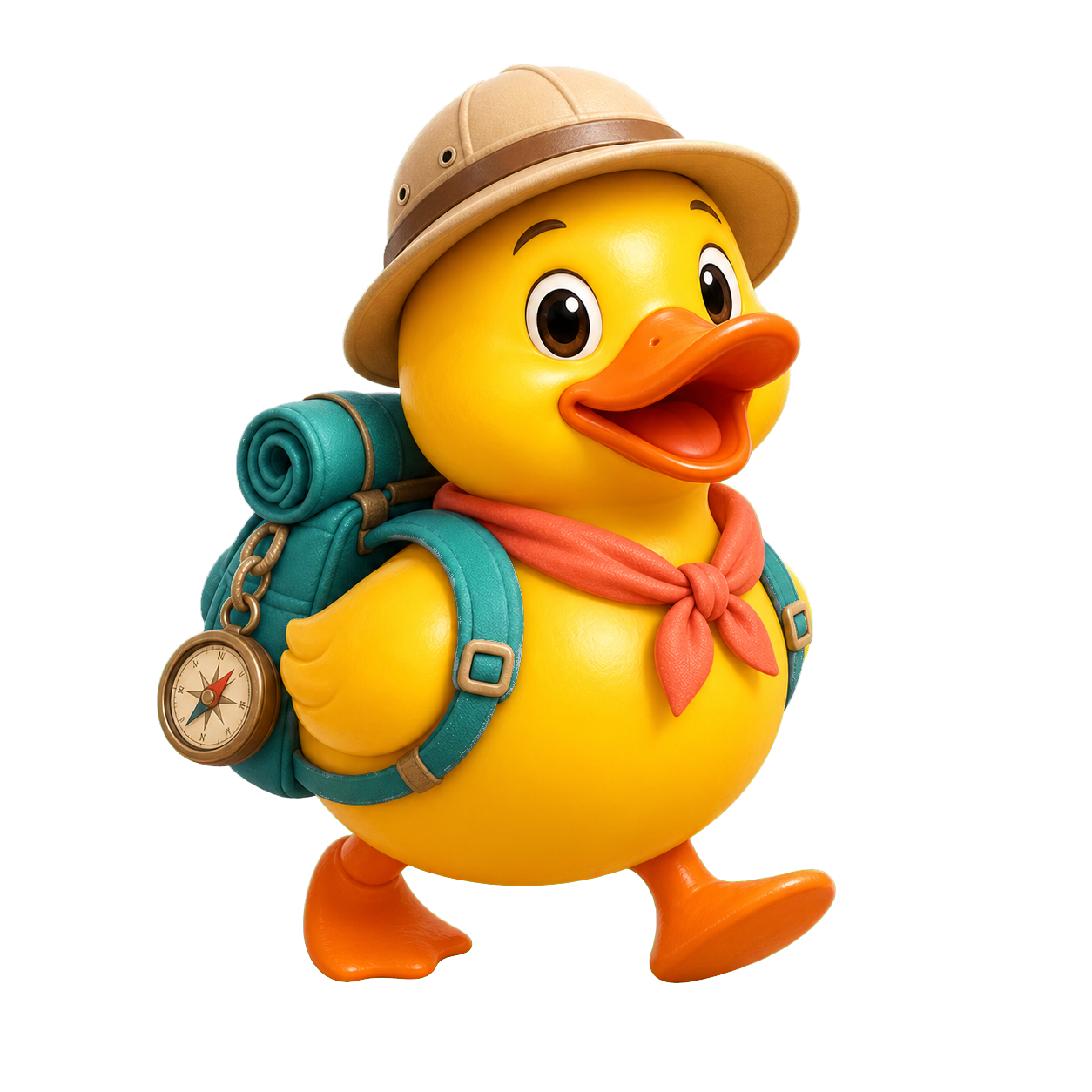 An adventurous rubber duck wearing an explorer hat and backpack